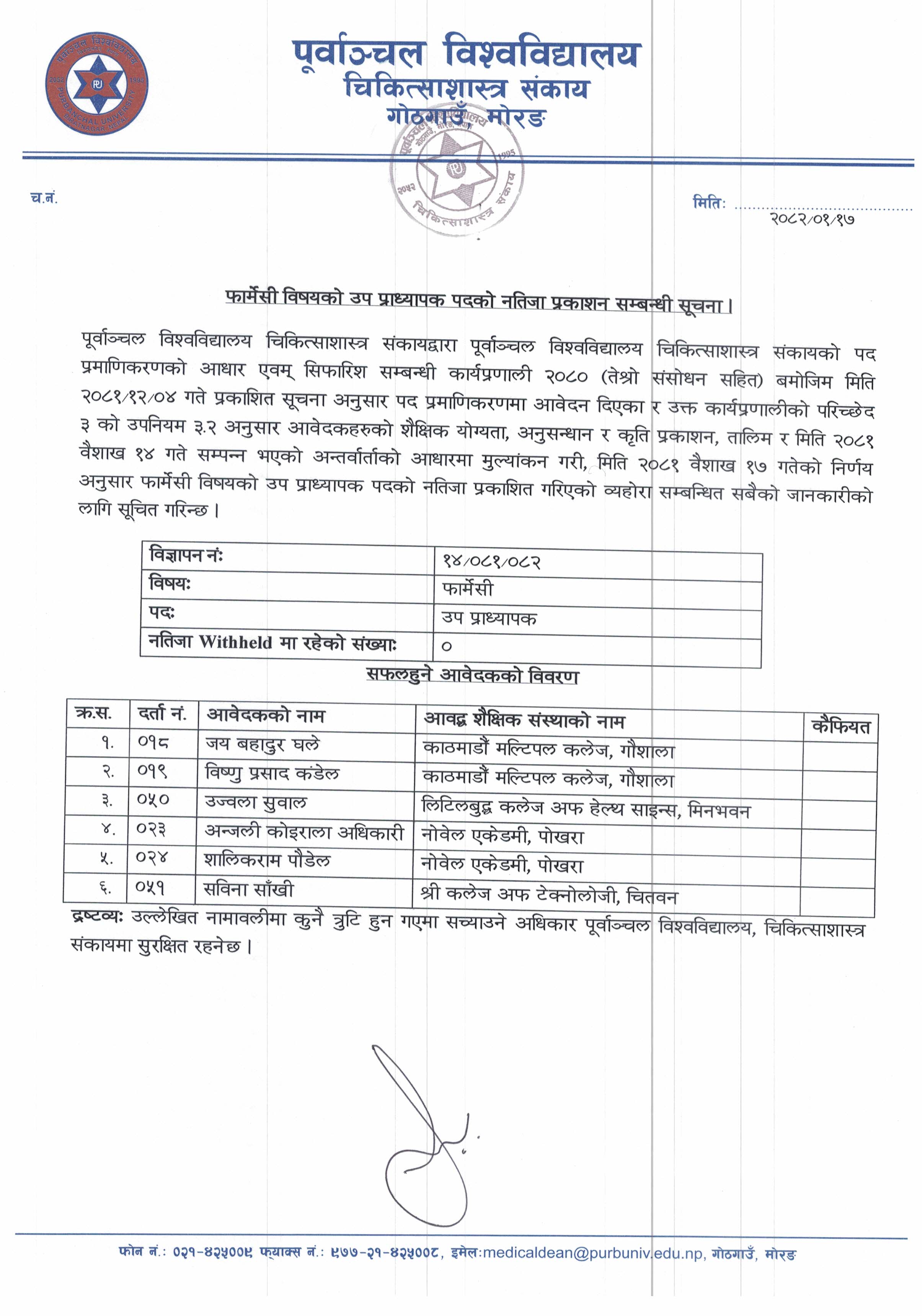फार्मेसी विषयको उप प्राध्यापक पदको नतिजा प्रकाशन सम्बन्धी सूचना ।
